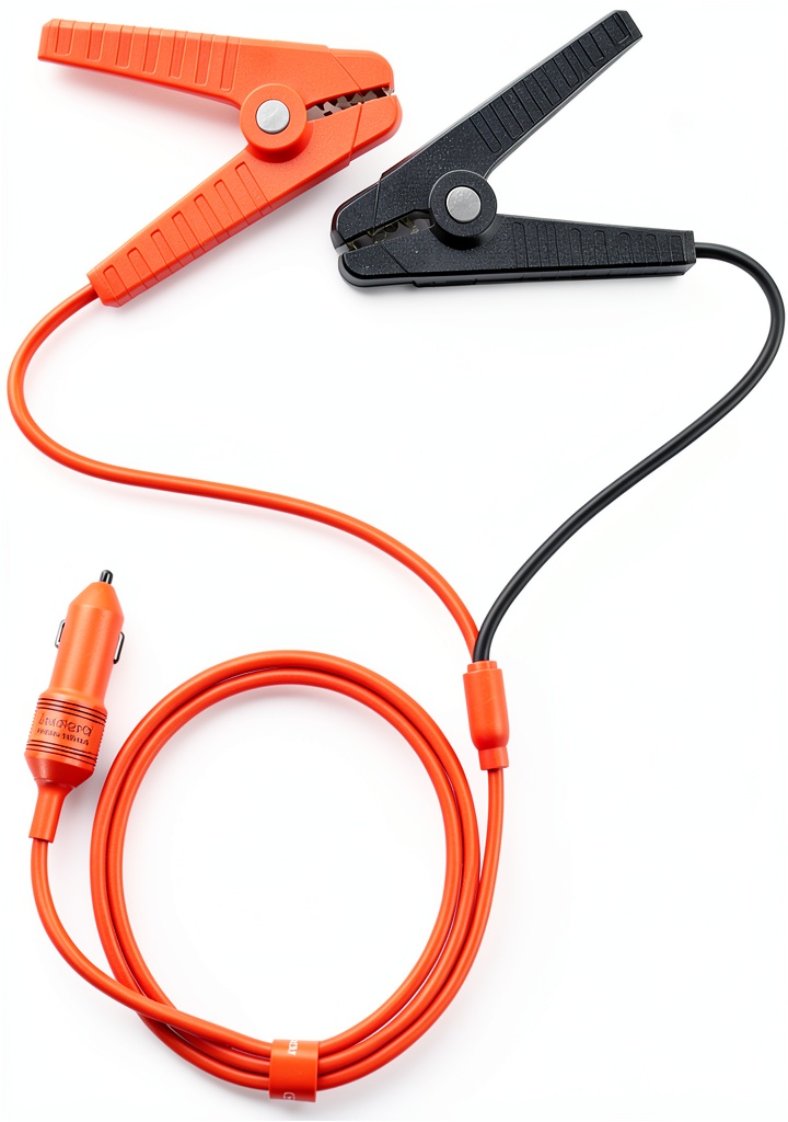 Jackery charging cable connected to a car battery in a campsite